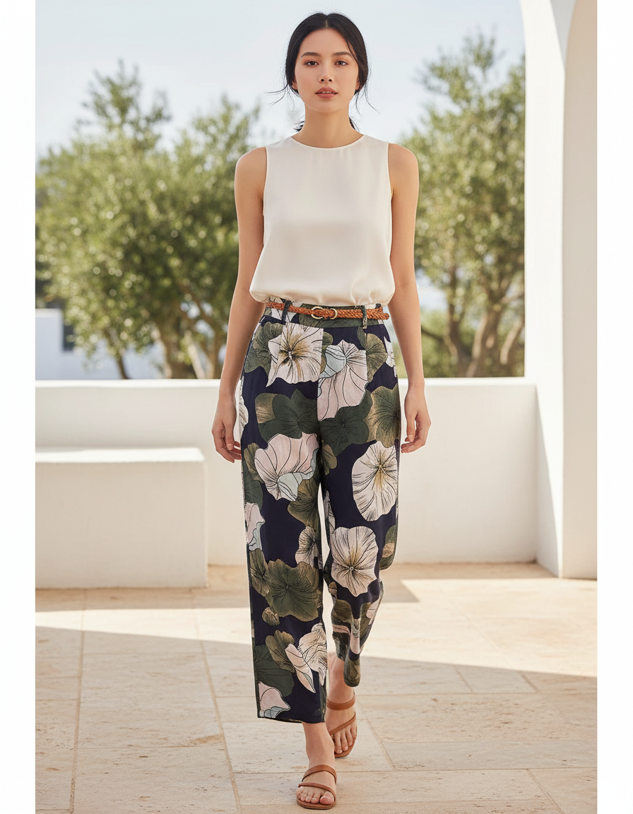 Pantalon En Lin Fleuri Fluide Ample Estival Décontracté - Imprimé