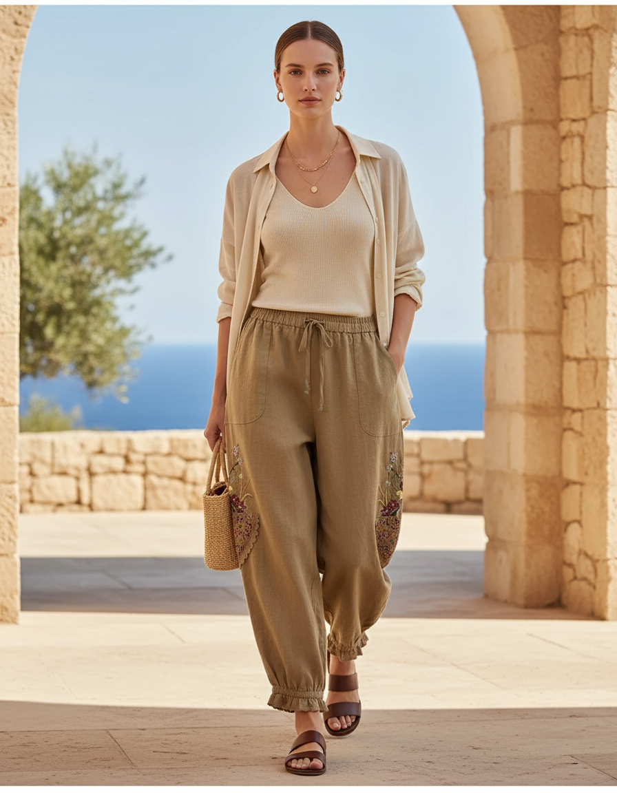 Pantalon En Lin Brodé Harem Ample Coton Femme - Kaki