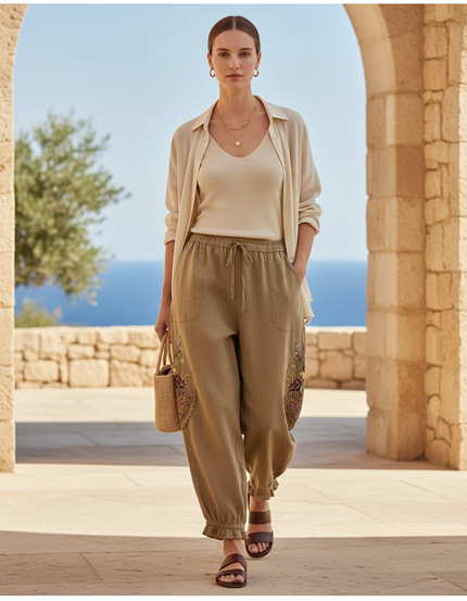 Pantalon En Lin Brodé Harem Ample Coton Femme - Kaki