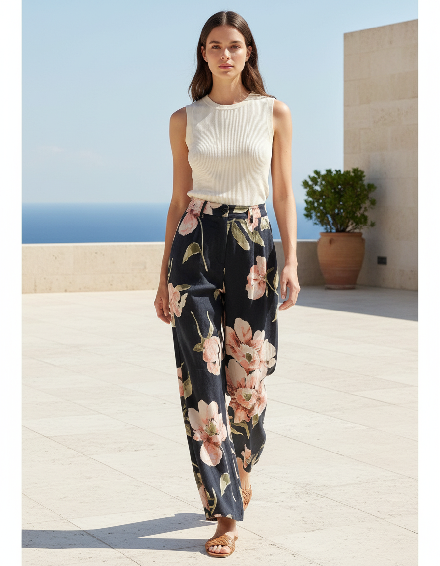 Pantalon En Lin Noir Imprimé Floral Fluide Élégant