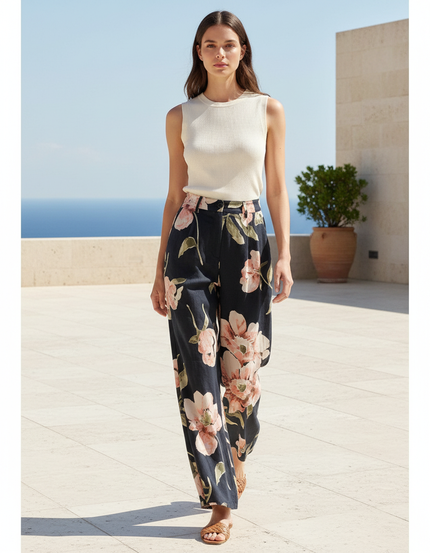 Pantalon En Lin Noir Imprimé Floral Fluide Élégant