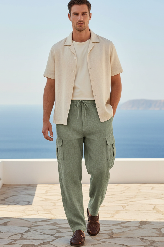 Pantalon En Lin Vert Cargo Droit Ample Décontracté Homme