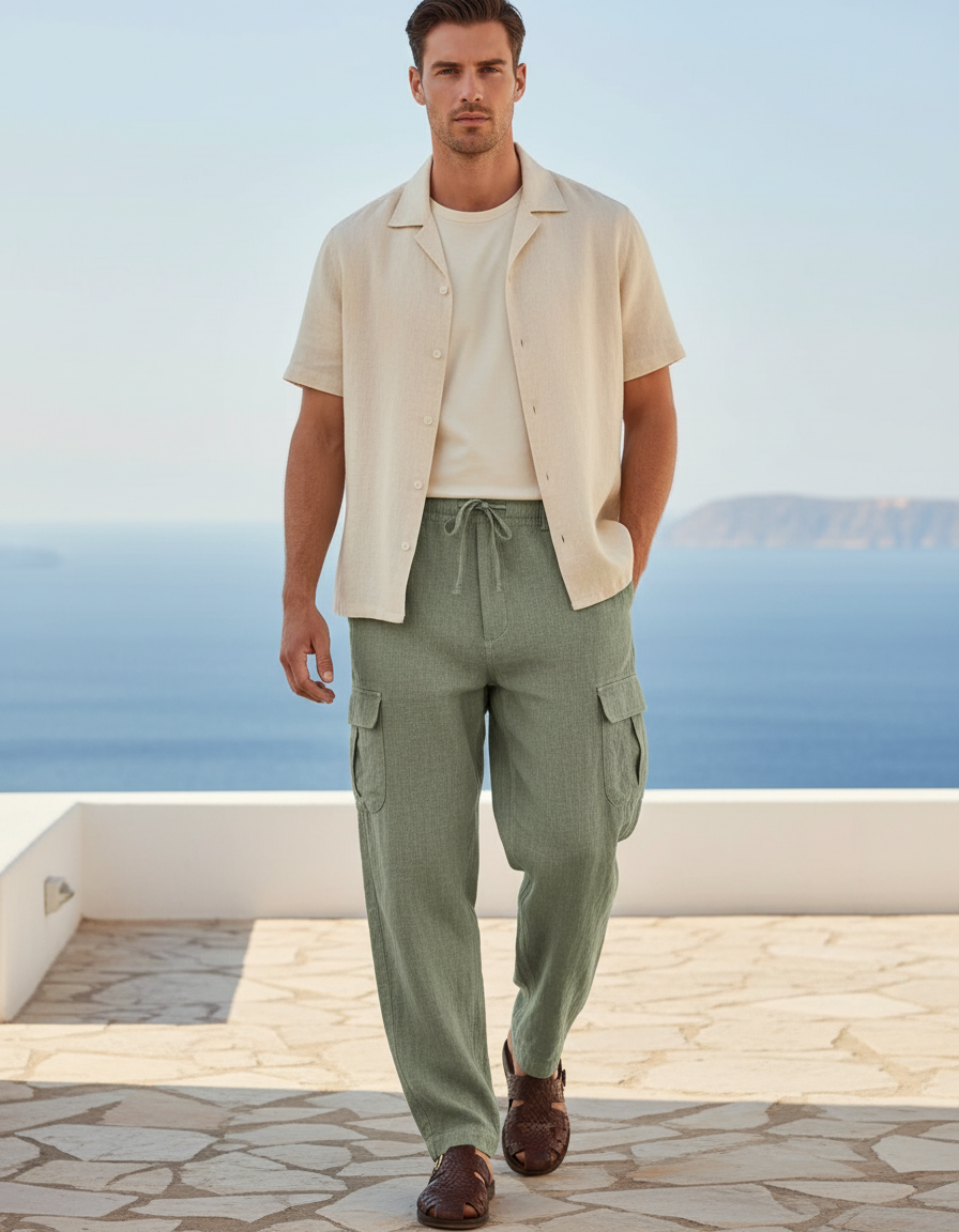 Pantalon En Lin Vert Cargo Droit Ample Décontracté Homme