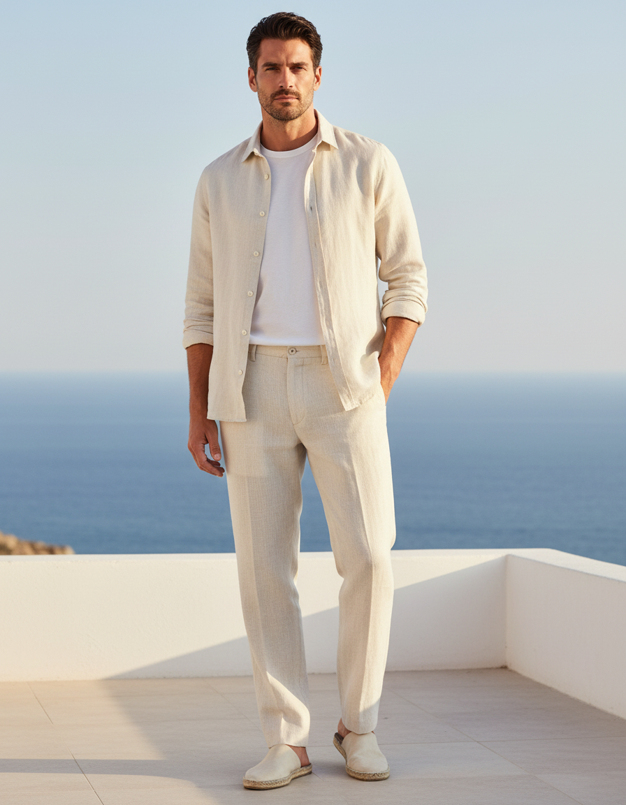Pantalon En Lin Beige Homme Droit Décontracté Léger
