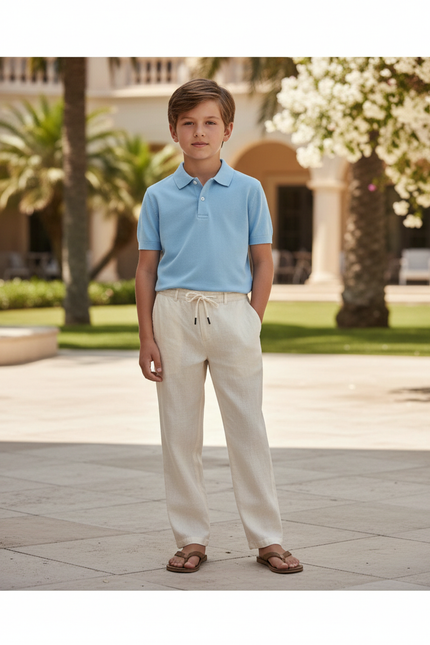 Pantalon En Lin Enfant Ample Écru Cordon Décontracté - Beige