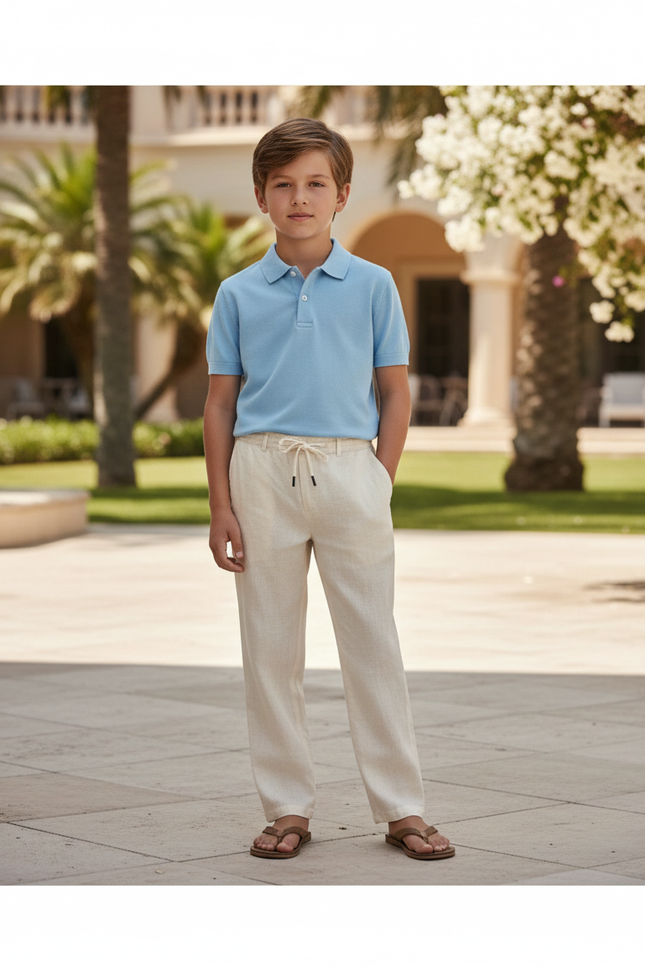 Pantalon En Lin Enfant Ample Écru Cordon Décontracté - Beige