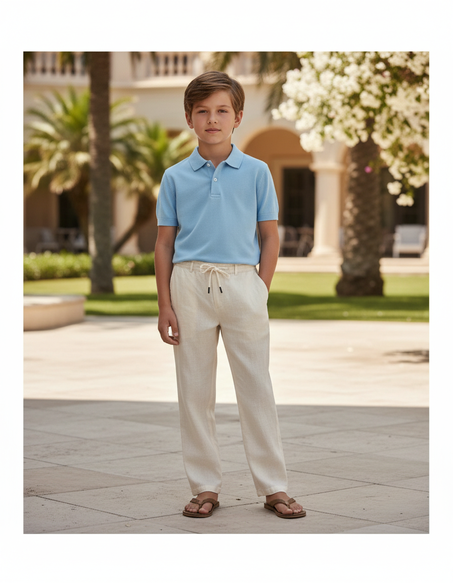 Pantalon En Lin Enfant Ample Écru Cordon Décontracté - Beige