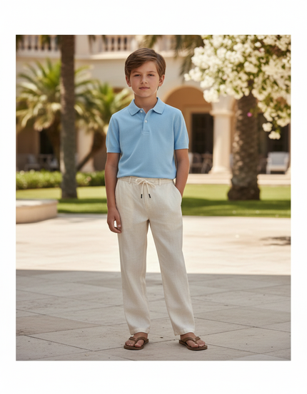 Pantalon En Lin Enfant Ample Écru Cordon Décontracté - Beige