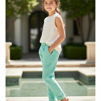 Pantalon En Lin Vert Menthe Ample Décontracté Enfant