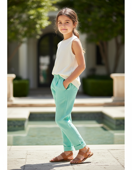 Pantalon En Lin Vert Menthe Ample Décontracté Enfant