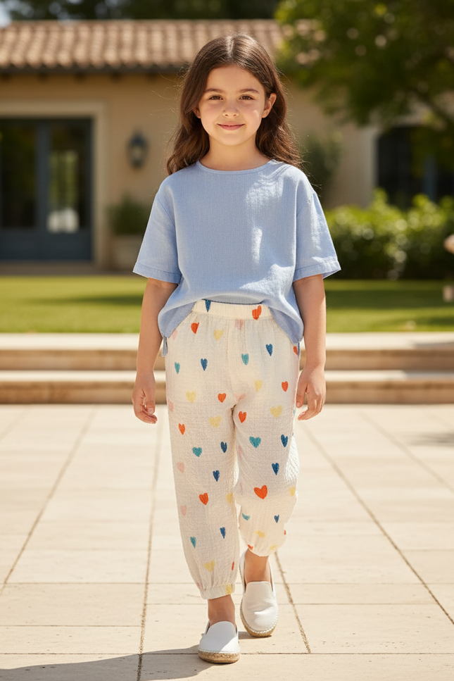 Pantalon En Lin Blanc Cœurs Colorés Enfant