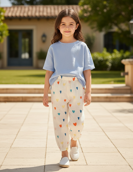 Pantalon En Lin Blanc Cœurs Colorés Enfant