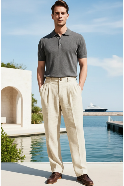 Pantalon En Lin Homme Écru Pince - Beige