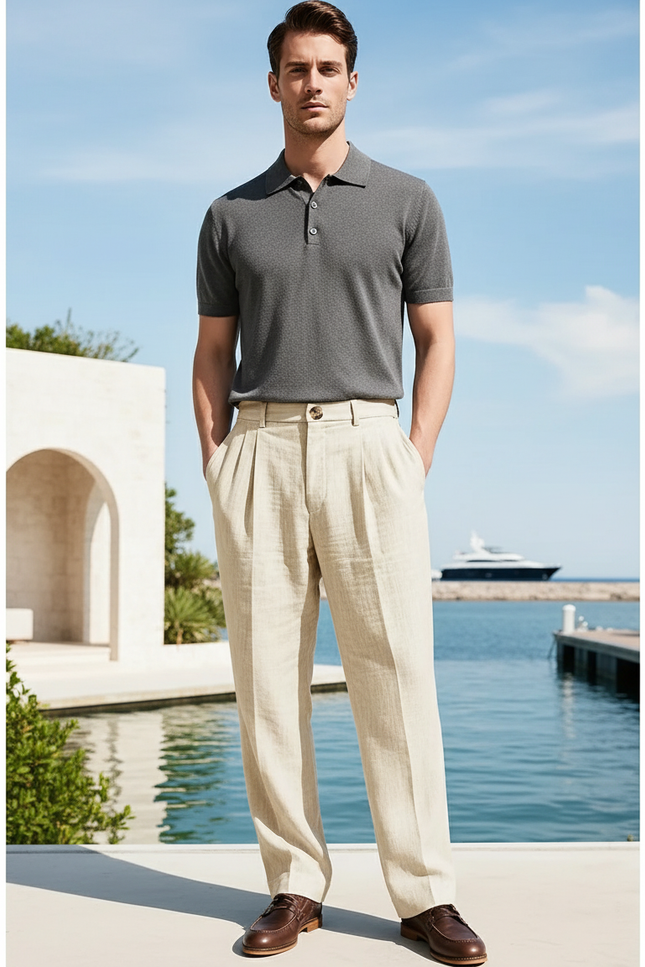 Pantalon En Lin Homme Écru Pince - Beige