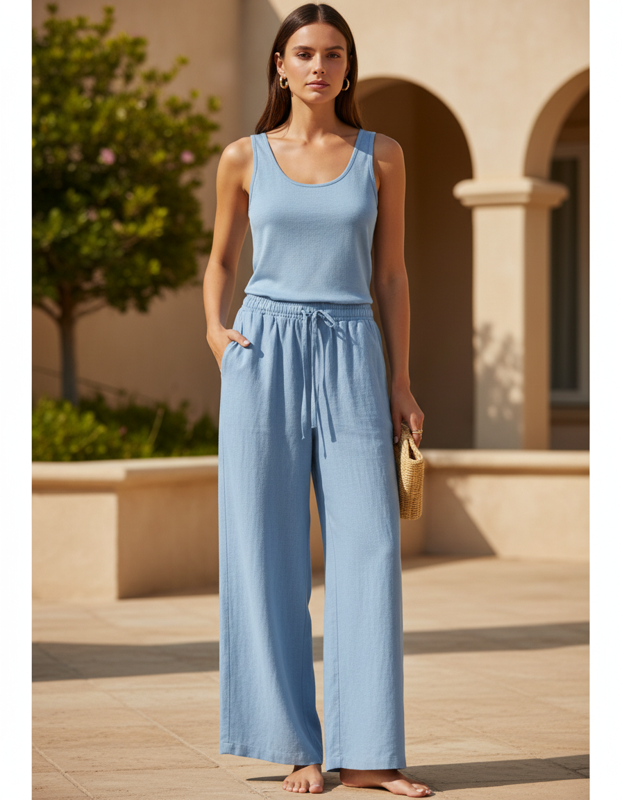 Pantalon En Lin Bleu Ample Fluide Cordon Femme