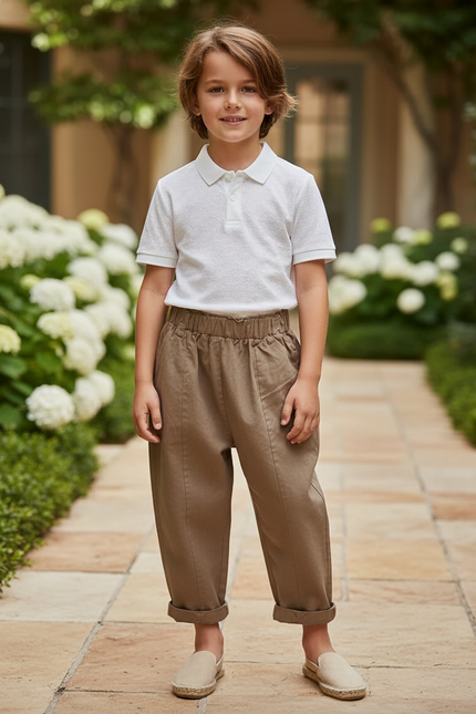 Pantalon En Lin Enfant Ample Marron Décontracté - Kaki