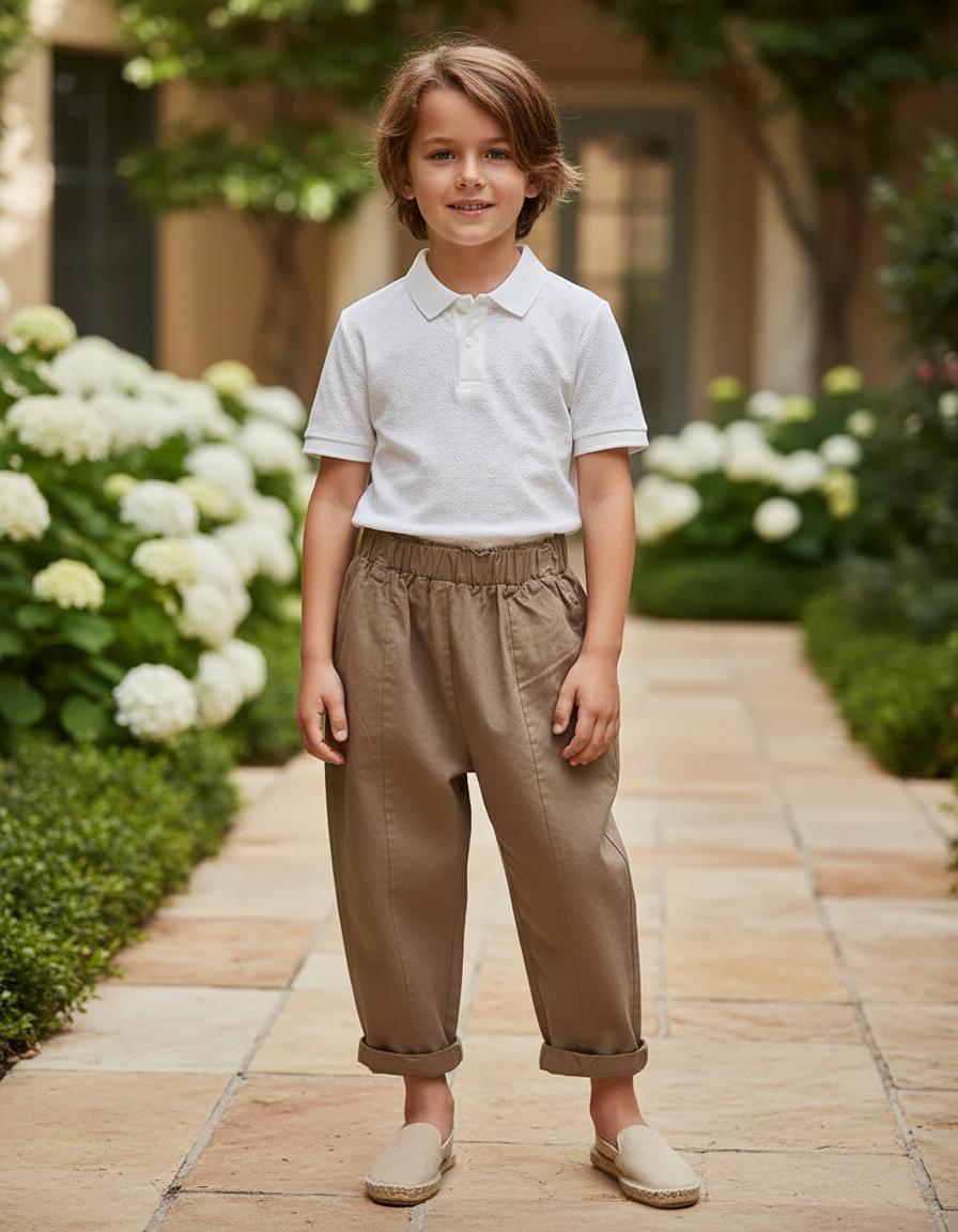 Pantalon En Lin Enfant Ample Marron Décontracté - Kaki