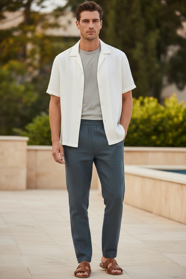 Pantalon En Lin Homme Bleu Marine Droit Décontracté Léger