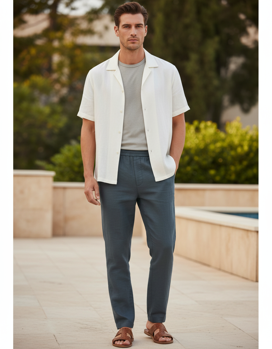 Pantalon En Lin Homme Bleu Marine Droit Décontracté Léger