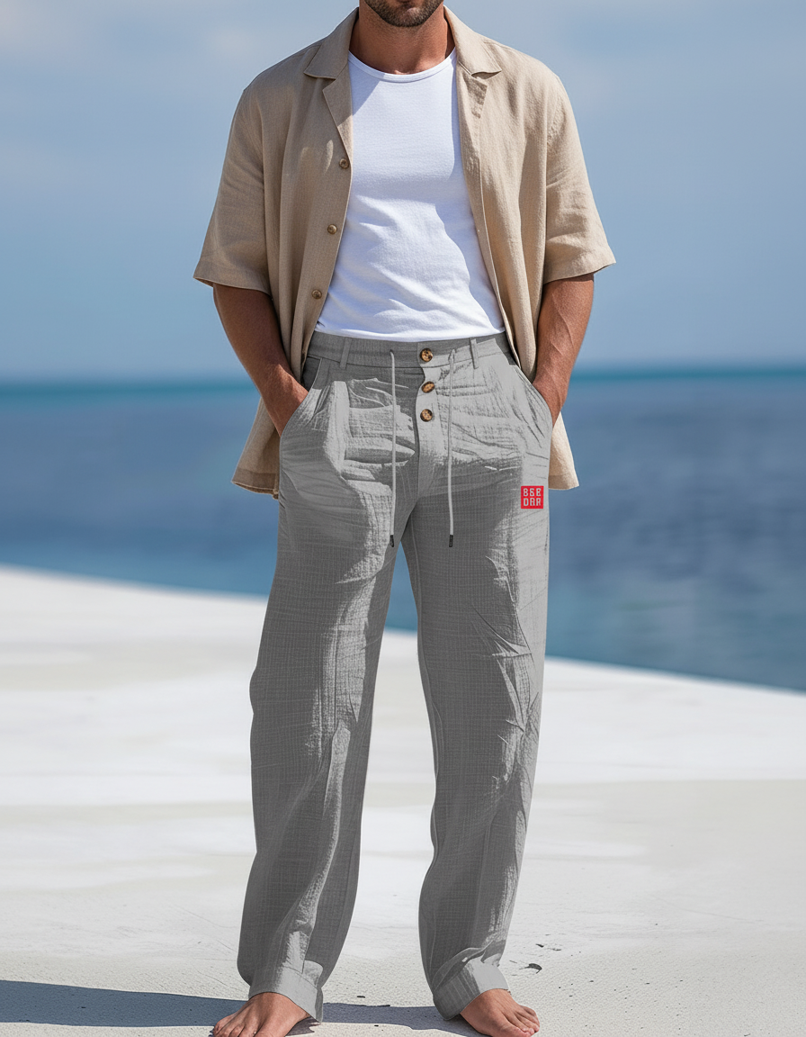 Pantalon En Lin Gris Droit Boutons Confortable Décontracté Respirant