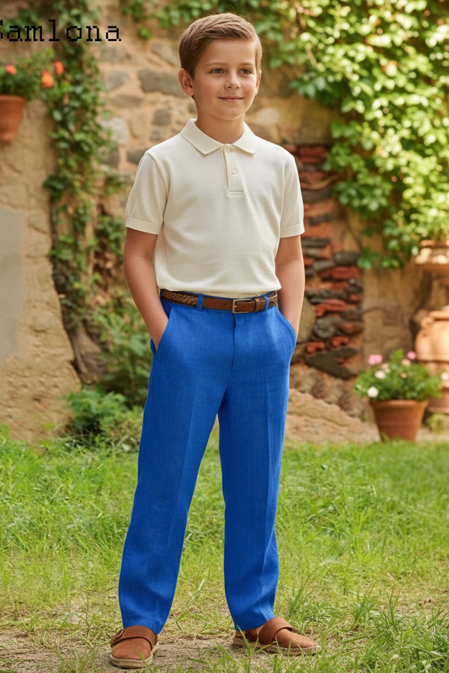 Pantalon En Lin Bleu Droit Décontracté Garçon Léger