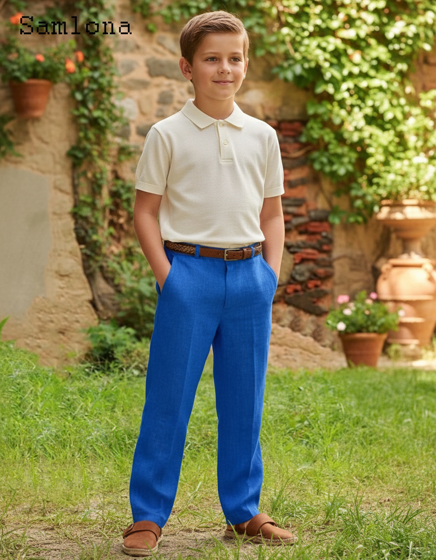 Pantalon En Lin Bleu Droit Décontracté Garçon Léger