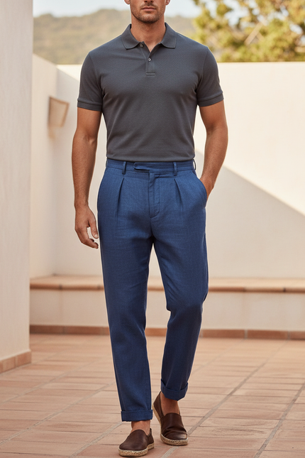 Pantalon En Lin Bleu Plissé Droit Décontracté Homme