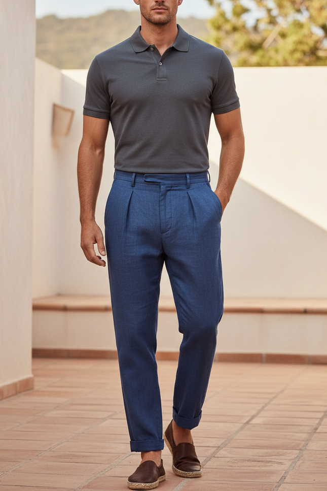Pantalon En Lin Bleu Plissé Droit Décontracté Homme