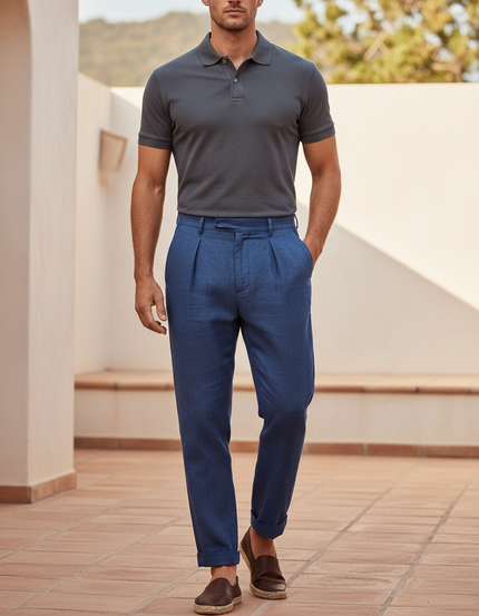 Pantalon En Lin Bleu Plissé Droit Décontracté Homme