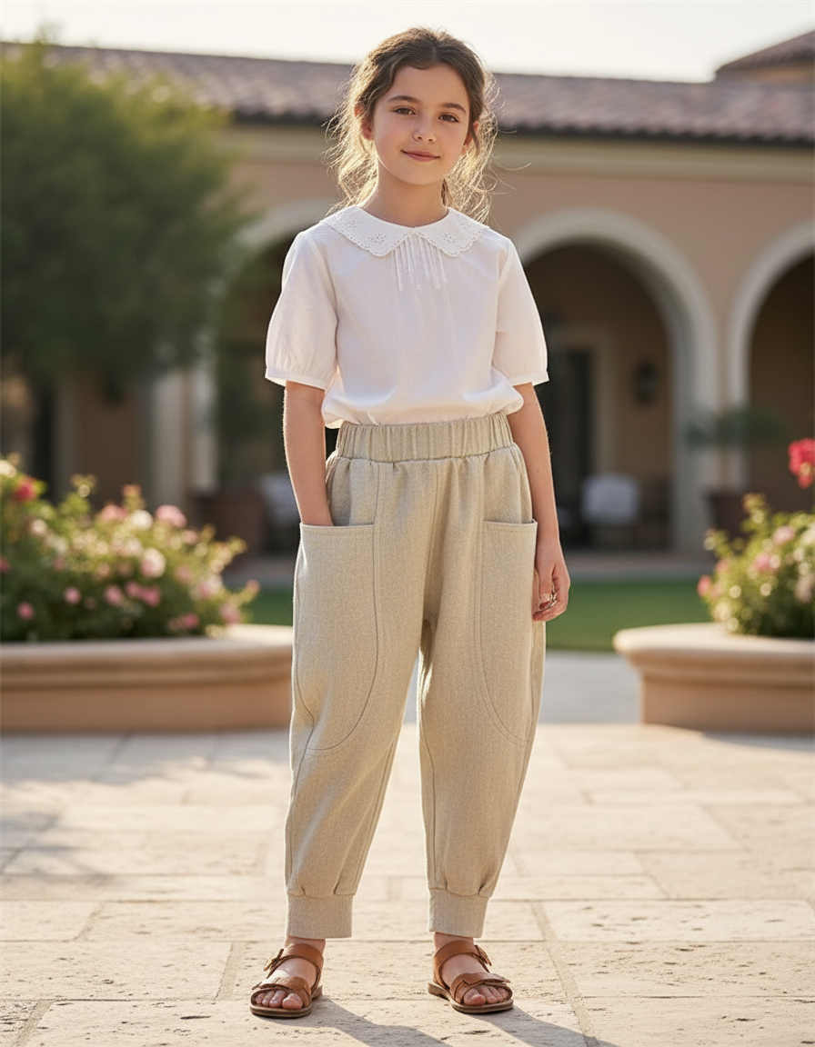 Pantalon En Lin Beige Ample Décontracté Enfant Poches