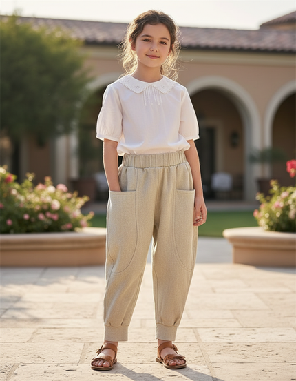 Pantalon En Lin Beige Ample Décontracté Enfant Poches