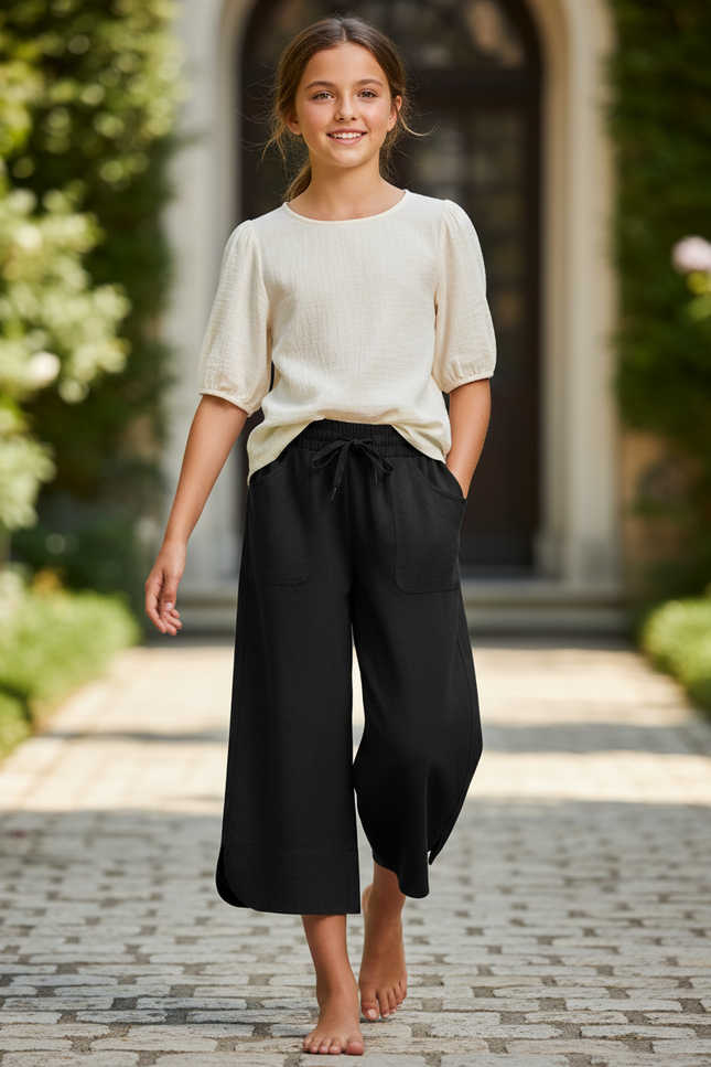 Pantalon En Lin Noir Ample Décontracté Court Fille