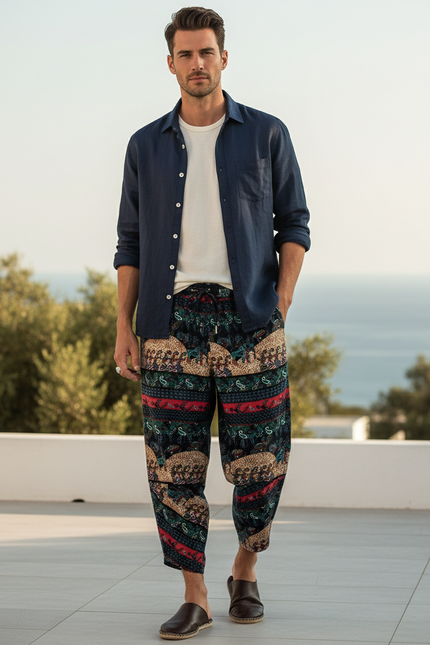 Pantalon En Lin Harem Imprimé Éléphants Ethnique Homme