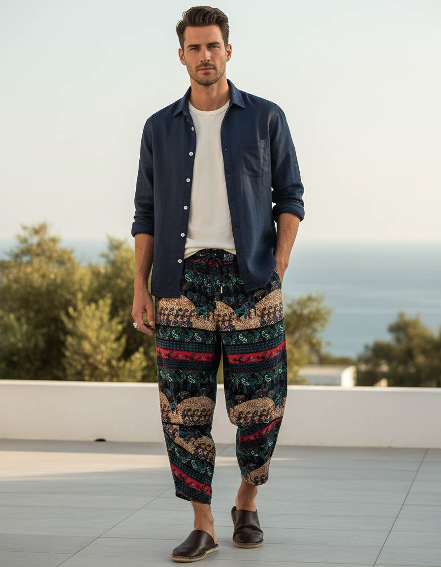 Pantalon En Lin Harem Imprimé Éléphants Ethnique Homme