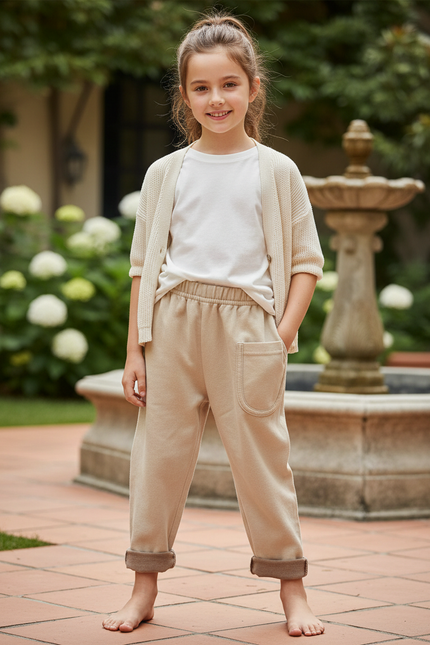 Pantalon En Lin Beige Ample Décontracté Enfant Coton - Molleton