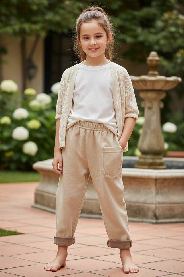 Pantalon En Lin Beige Ample Décontracté Enfant Coton - Molleton
