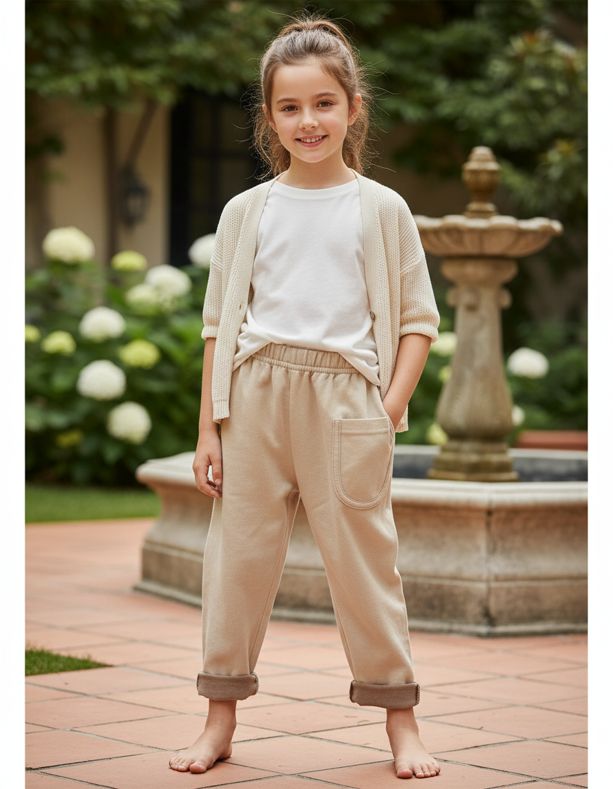 Pantalon En Lin Beige Ample Décontracté Enfant Coton - Molleton