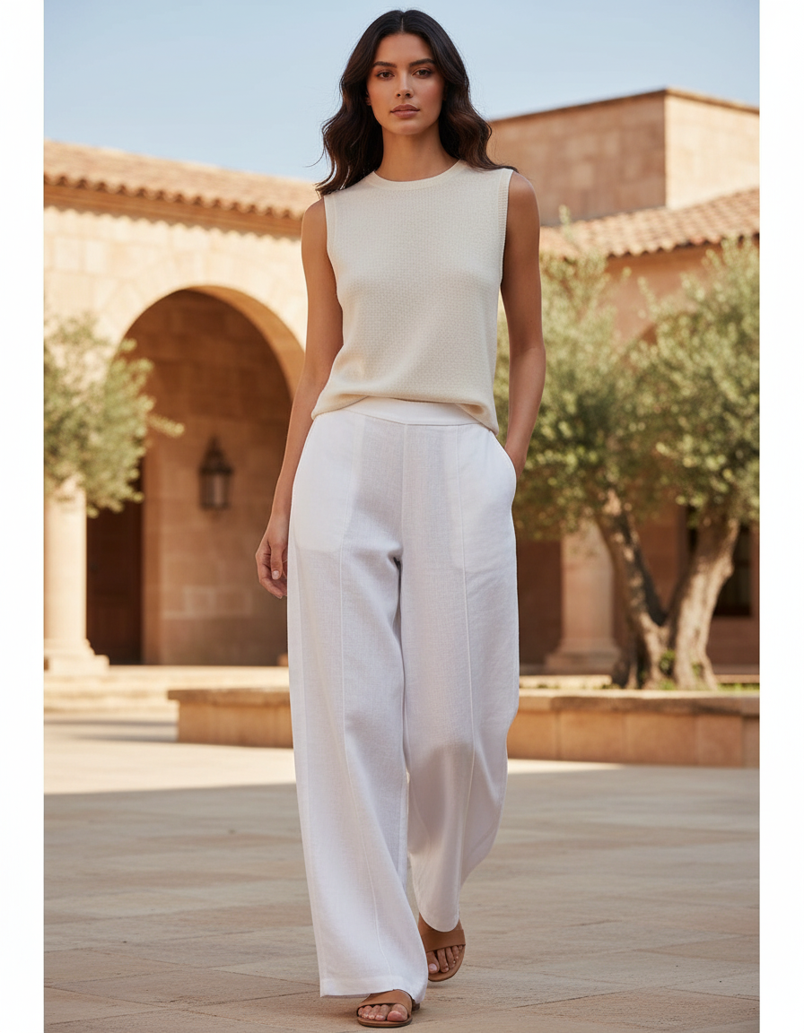 Pantalon En Lin Blanc Ample Décontracté Léger Fluide