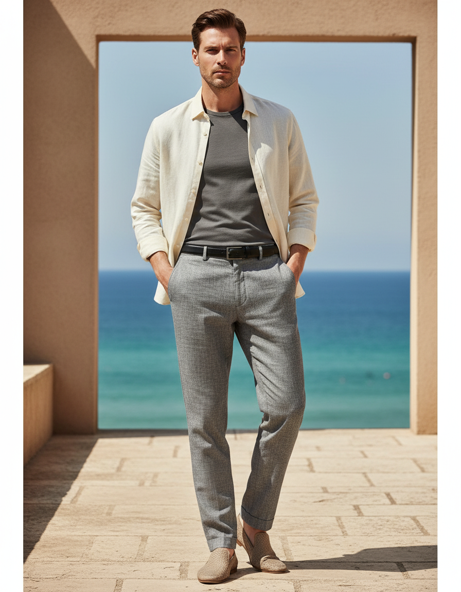 Pantalon En Lin Gris Ajusté Élégant Homme