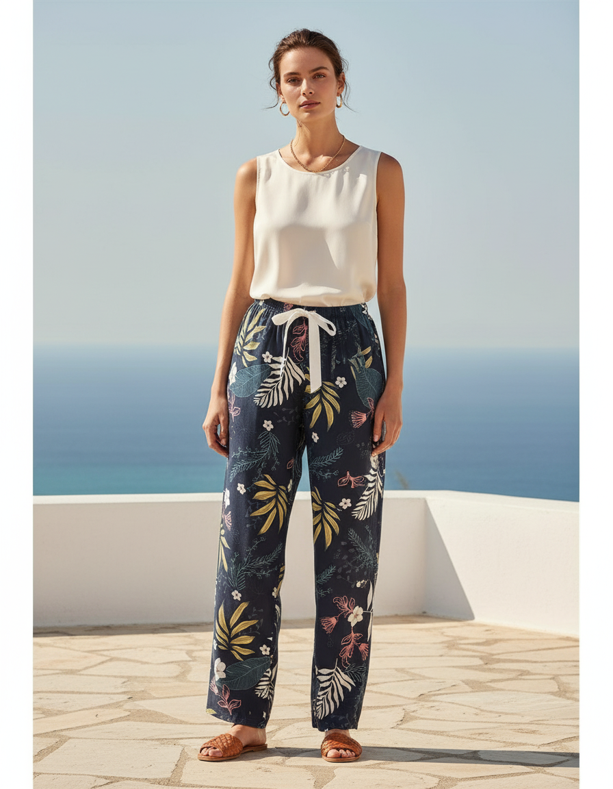 Pantalon En Lin Ample Imprimé Floral Estival Bleu