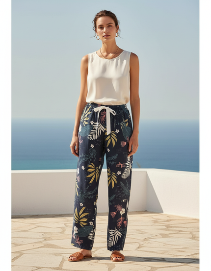Pantalon En Lin Ample Imprimé Floral Estival Bleu