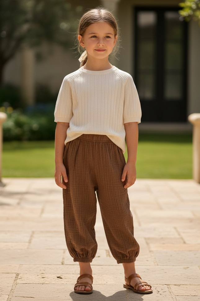 Pantalon En Lin Marron Ample Côtelé Enfant