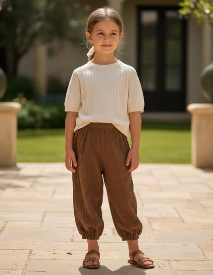 Pantalon En Lin Marron Ample Côtelé Enfant