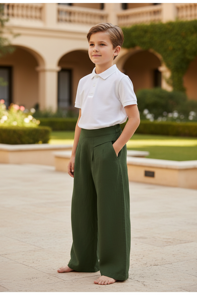 Pantalon En Lin Vert Ample Décontracté Enfant Garçon