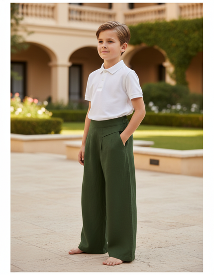 Pantalon En Lin Vert Ample Décontracté Enfant Garçon