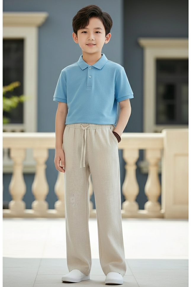 Pantalon En Lin Beige Droit Ample Cordon Enfant