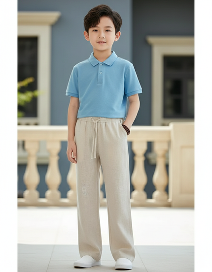 Pantalon En Lin Beige Droit Ample Cordon Enfant
