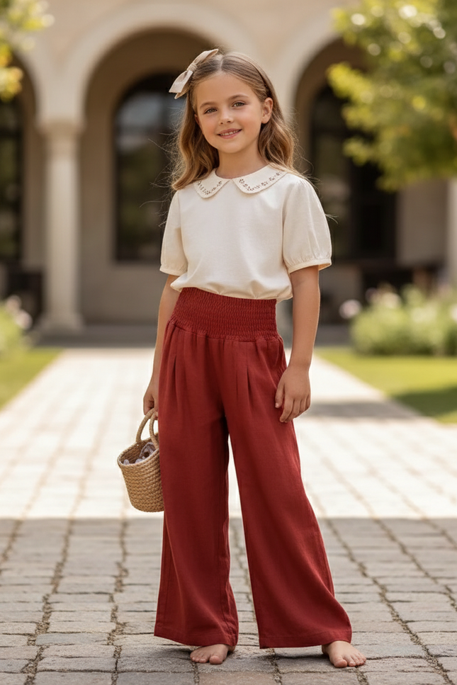 Pantalon En Lin Rouge Brique Ample Fluide Fille