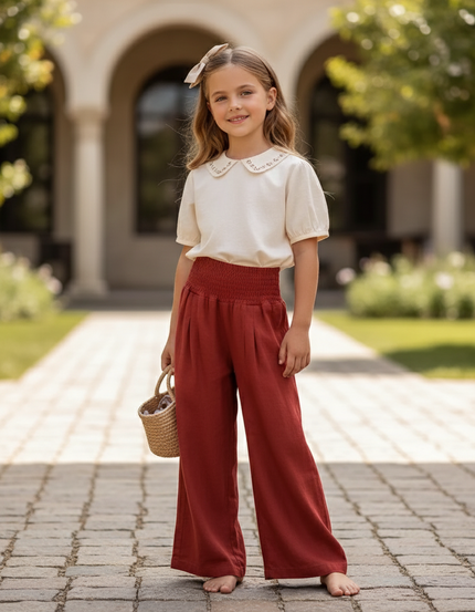 Pantalon En Lin Rouge Brique Ample Fluide Fille