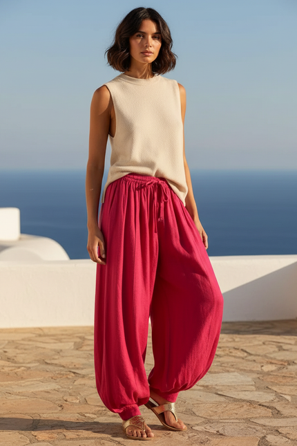 Pantalon En Lin Fuchsia Ample Fluide Décontracté Femme - Rose